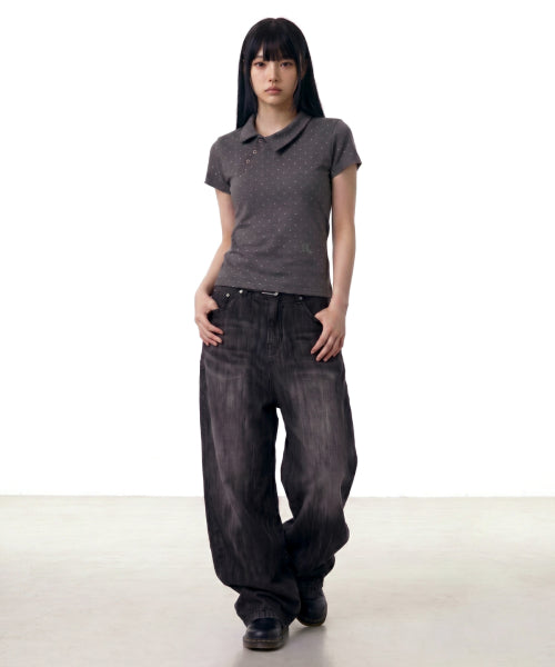 STAR DOT ASYMMETRY COLLAR TEE - 3 COLORS CHARCOAL