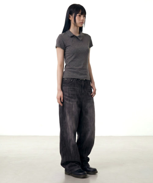 STAR DOT ASYMMETRY COLLAR TEE - 3 COLORS CHARCOAL