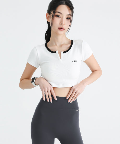 RIBBED SLIT NECK CROP T-SHIRT WHITE
