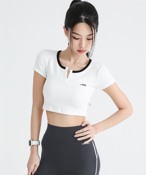 RIBBED SLIT NECK CROP T-SHIRT WHITE
