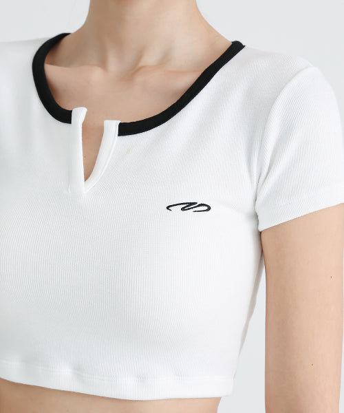 RIBBED SLIT NECK CROP T-SHIRT WHITE