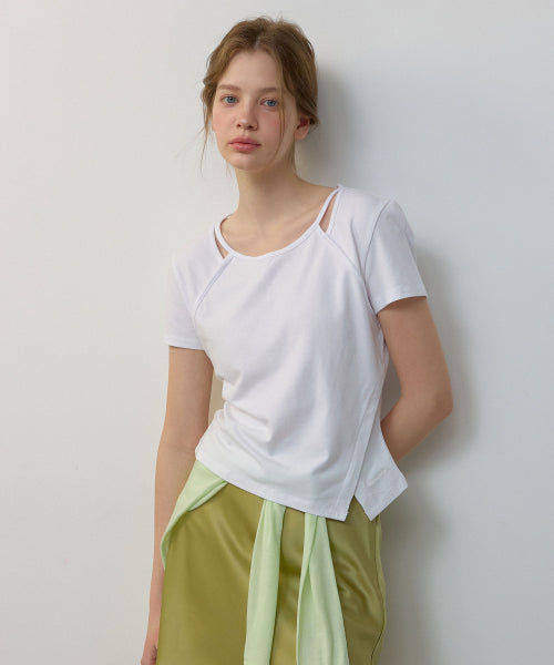 LAYERED SLIT SHORT SLEEVE TEE - 2 COLORS