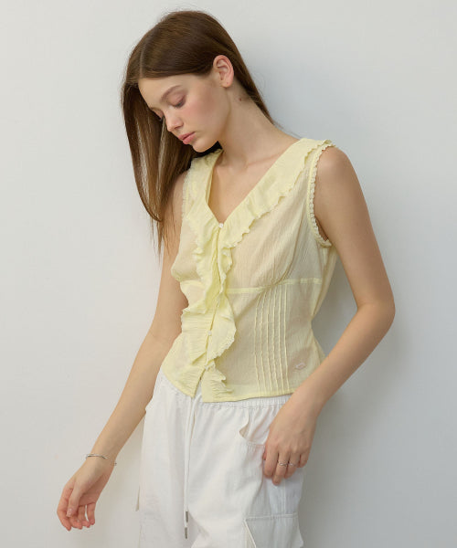 FRILL V-NECK SLEEVELESS BLOUSE - 2 COLORS