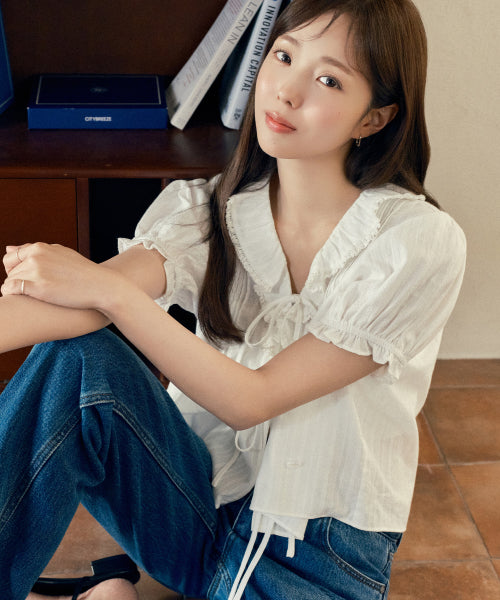 FRILL V-NECK SHORT SLEEVE BLOUSE - 2 COLORS