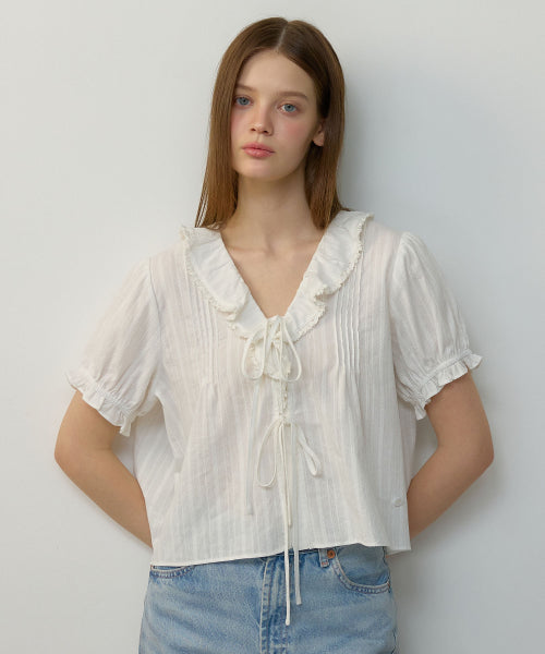 FRILL V-NECK SHORT SLEEVE BLOUSE - 2 COLORS