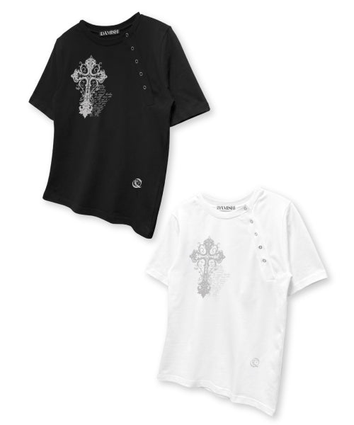 TEE CROSS DIAGONAL BUTTON T-SHIRT - 2 COLORS BLACK