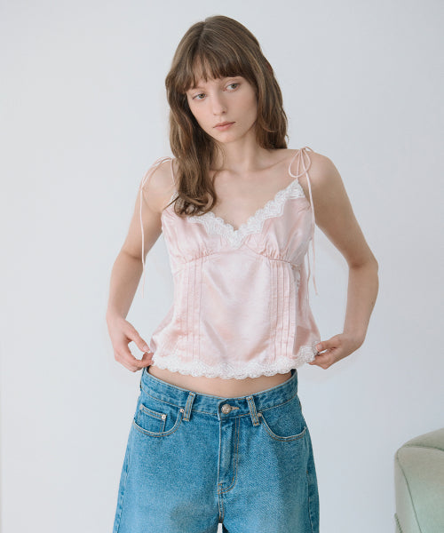 SINOON SATIN LACE SLEEVELESS BLOUSE - 2 COLORS PINK