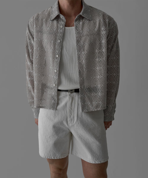 SHEER CROCHET CROP SHIRT - 3 COLORS LIGHT GREY