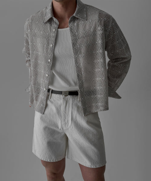 SHEER CROCHET CROP SHIRT - 3 COLORS LIGHT GREY