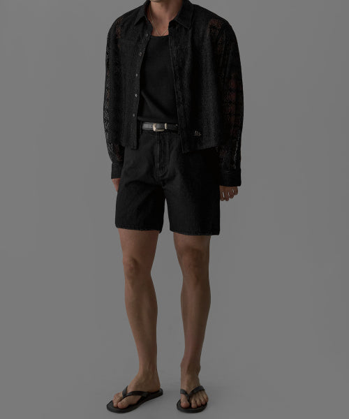 SHEER CROCHET CROP SHIRT - 3 COLORS BLACK