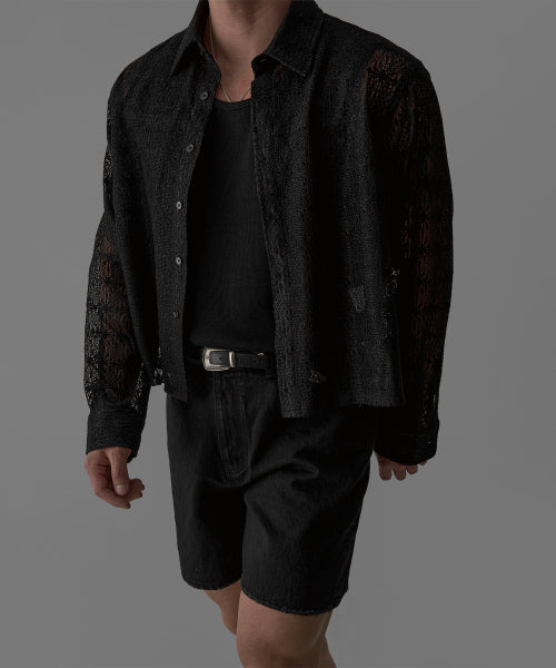 SHEER CROCHET CROP SHIRT - 3 COLORS BLACK