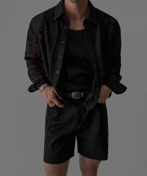 SHEER CROCHET CROP SHIRT - 3 COLORS BLACK