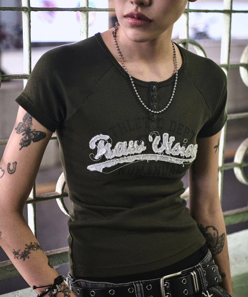 R.V APPLIQUE RAGLAN T-SHIRT - 2 COLORS OLIVE