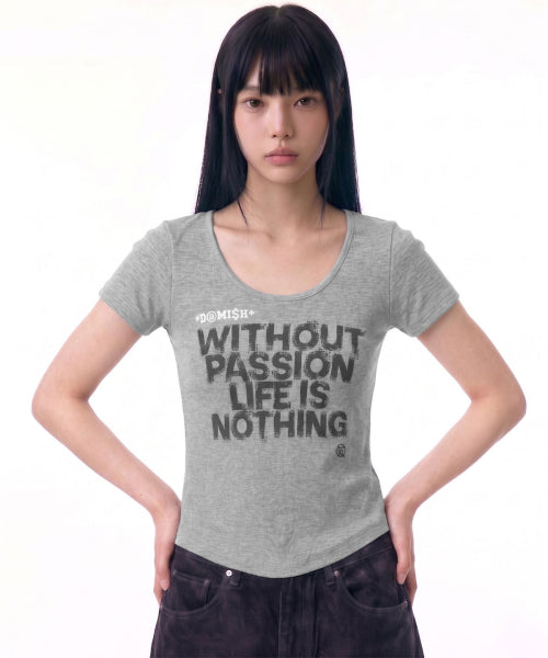 LETTERING U-NECK SLIM TEE - 3 COLORS GREY