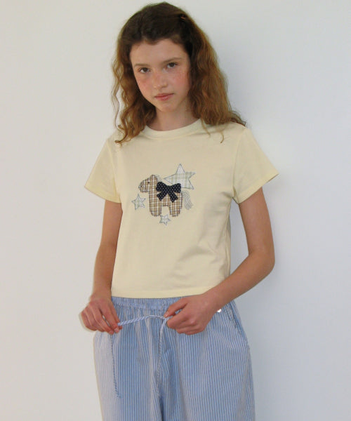 RIBBON PONY APPLIQUE CROP T SHIRT - 2 COLORS YELLOW