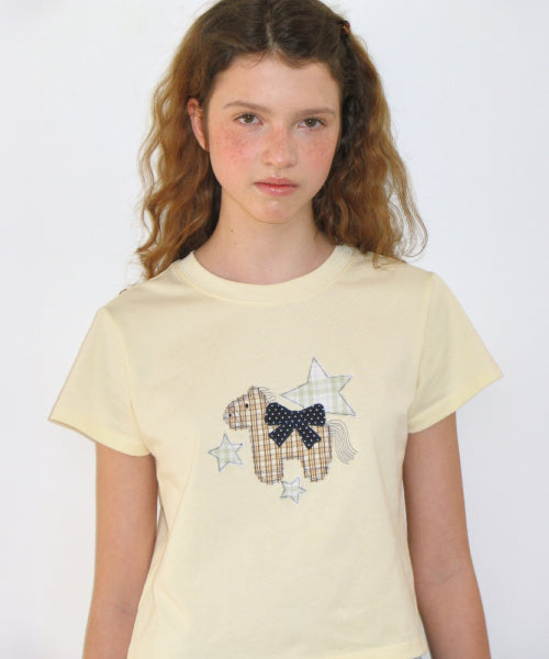 RIBBON PONY APPLIQUE CROP T SHIRT - 2 COLORS YELLOW