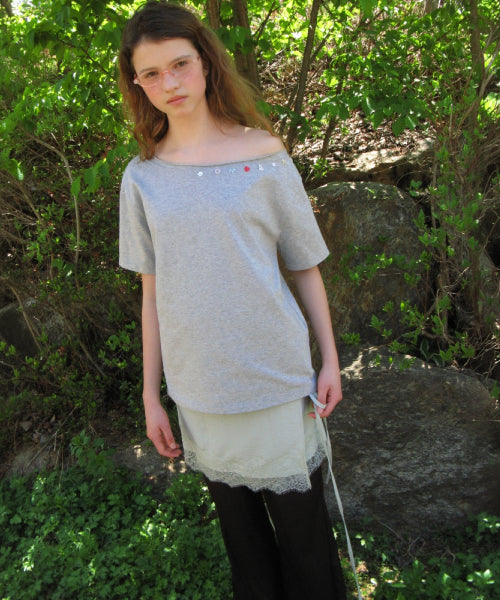 PONY BUTTON OFF SHOULDER T SHIRT - 2 COLORS GREY