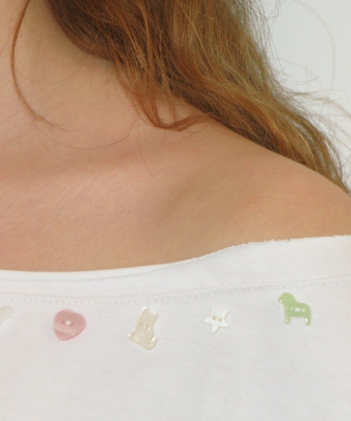 PONY BUTTON OFF SHOULDER T SHIRT - 2 COLORS WHITE