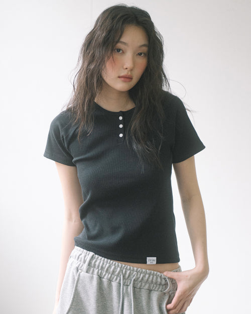 2PACK RIB HENLEY NECK SHORT SLEEVE TEE - 8 COLORS BLACK