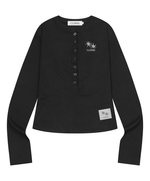 7 BUTTON HENLEY NECK LONG SLEEVE TEE - 3 COLORS BLACK