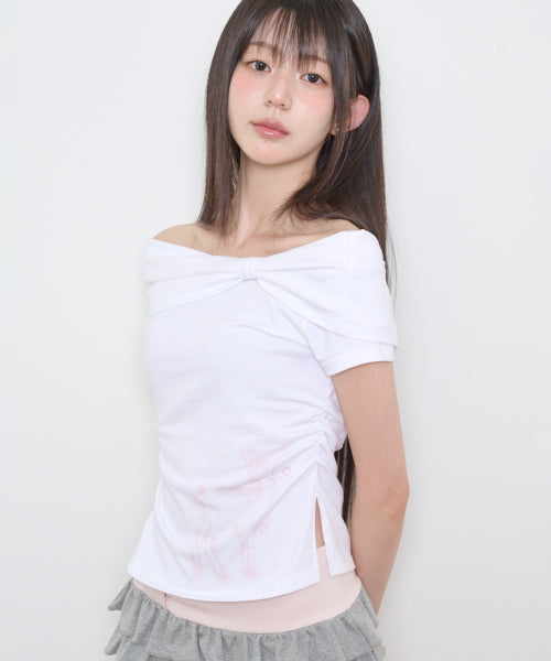 SAESO DEER BOW OFF-SHOULDER TEE - 3 COLORS WHITE