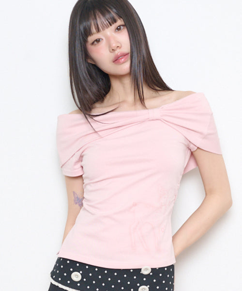 SAESO DEER BOW OFF-SHOULDER TEE - 3 COLORS PINK