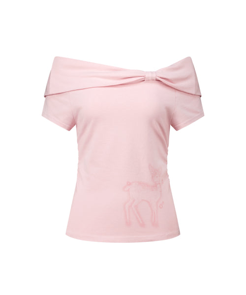 SAESO DEER BOW OFF-SHOULDER TEE - 3 COLORS PINK