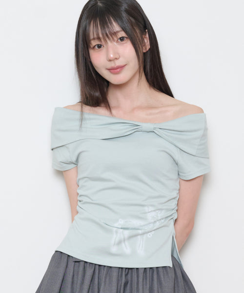 SAESO DEER BOW OFF-SHOULDER TEE - 3 COLORS MINT