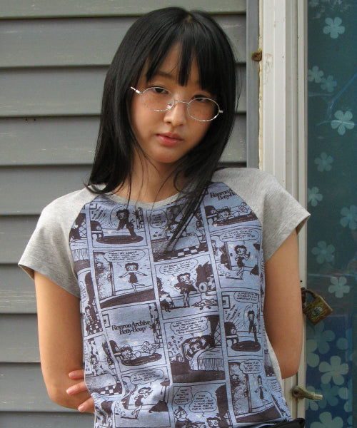 RONRON BETTY BOOP ALL OVER CARTOON RAGLAN TEE - 2 COLORS GREY
