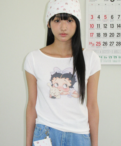RONRON BETTY BOOP RIBBON BOAT NECK TEE - 2 COLORS WHITE