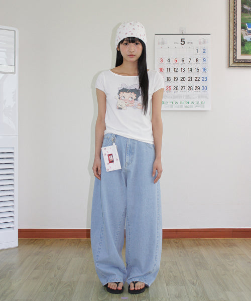 RONRON BETTY BOOP RIBBON BOAT NECK TEE - 2 COLORS WHITE
