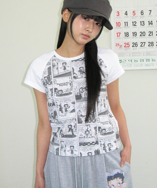 RONRON BETTY BOOP ALL OVER CARTOON RAGLAN TEE - 2 COLORS WHITE