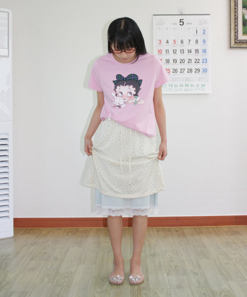 RONRON BETTY BOOP RIBBON APPLIQUE CROP TEE SOFT PINK