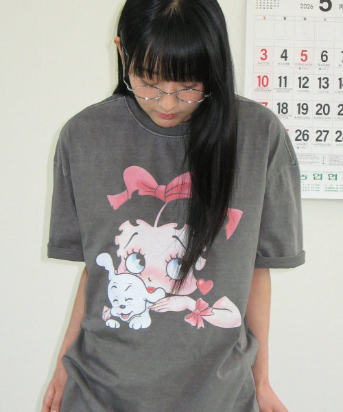 RONRON BETTY BOOP PIGMENT RIBBON OVERFIT TEE - 2 COLORS CHARCOAL