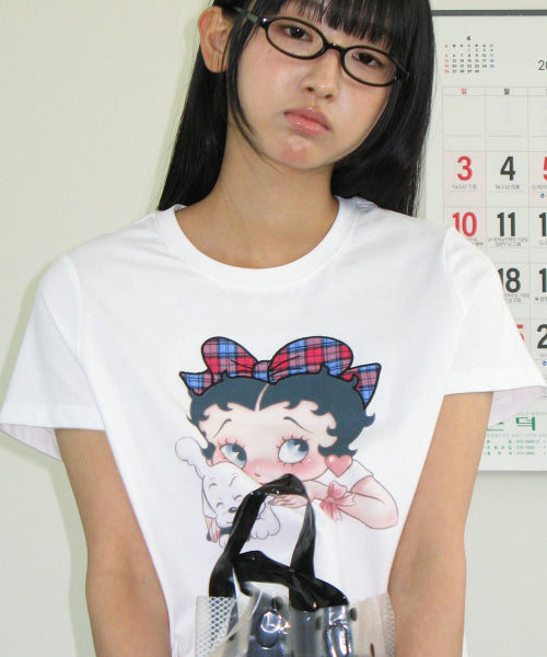 RONRON BETTY BOOP RIBBON APPLIQUE CROP TEE - 2 COLORS WHITE