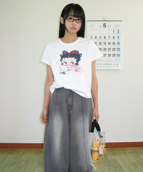 RONRON BETTY BOOP RIBBON APPLIQUE CROP TEE - 2 COLORS WHITE