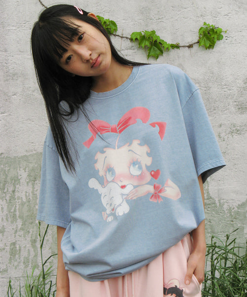 RONRON BETTY BOOP PIGMENT RIBBON OVERFIT TEE SOFT BLUE