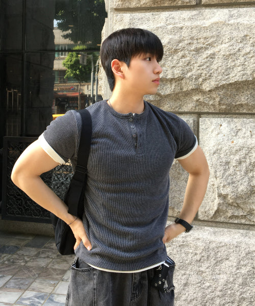 2PACK RIBBED MUSCLE FIT HENLEY NECK SHORT SLEEVE TEE - 4 COLORS IVORY