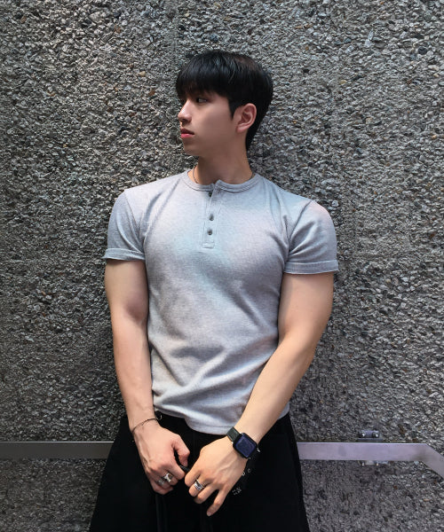 2PACK RIBBED MUSCLE FIT HENLEY NECK SHORT SLEEVE TEE - 4 COLORS IVORY