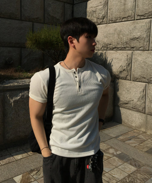 2PACK RIBBED MUSCLE FIT HENLEY NECK SHORT SLEEVE TEE - 4 COLORS IVORY