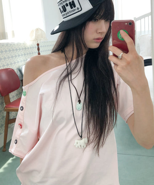 CANDY BUTTON LOOSE TEE - 2 COLORS PINK