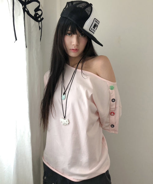 CANDY BUTTON LOOSE TEE - 2 COLORS PINK