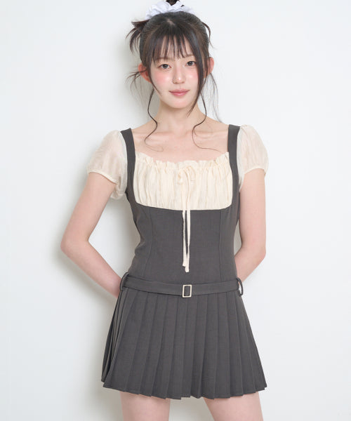 RIBBON PLEATS SHORT SLEEVE DRESS CHARCOAL