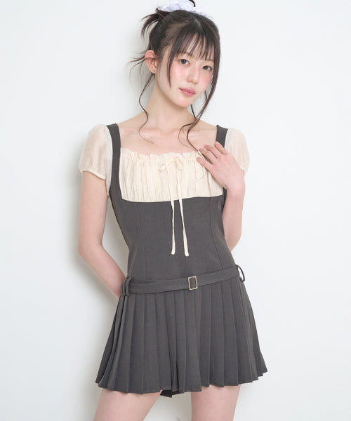 PREPPY RIBBON PLEATS SHORT SLEEVE DRESS CHARCOAL