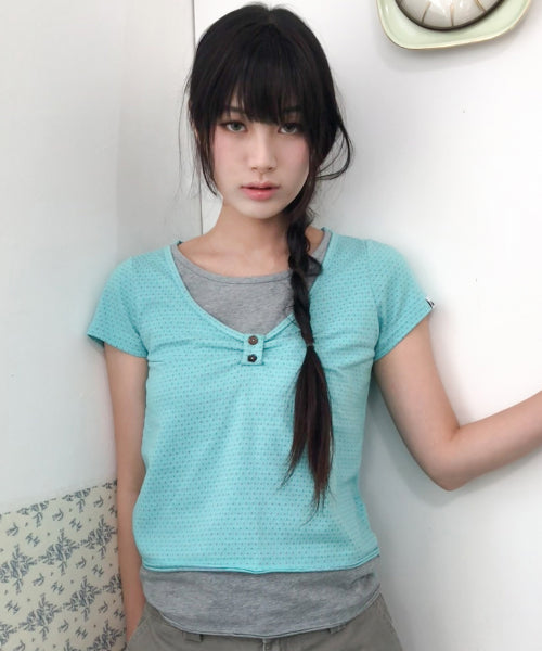 LAYERED HENLEY NECK TOP - 3 COLORS MINT