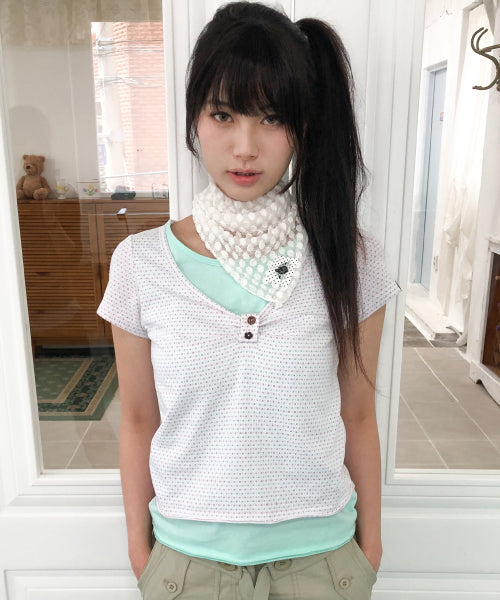 LAYERED HENLEY NECK TOP - 3 COLORS WHITE