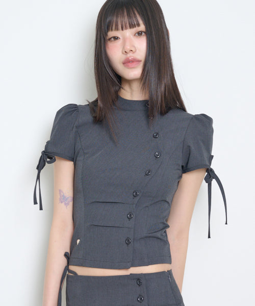 CHINA BUTTON COLLAR TOP - 2 COLORS CHARCOAL