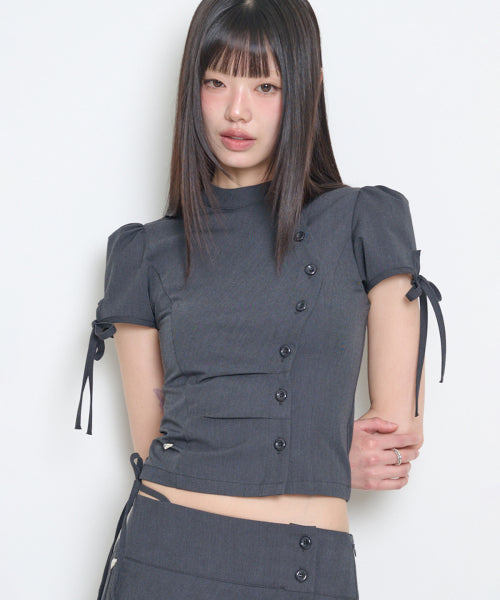 CHINA BUTTON COLLAR TOP - 2 COLORS CHARCOAL