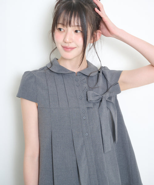 RIBBON PLEATS BLOUSE - 3 COLORS GREY