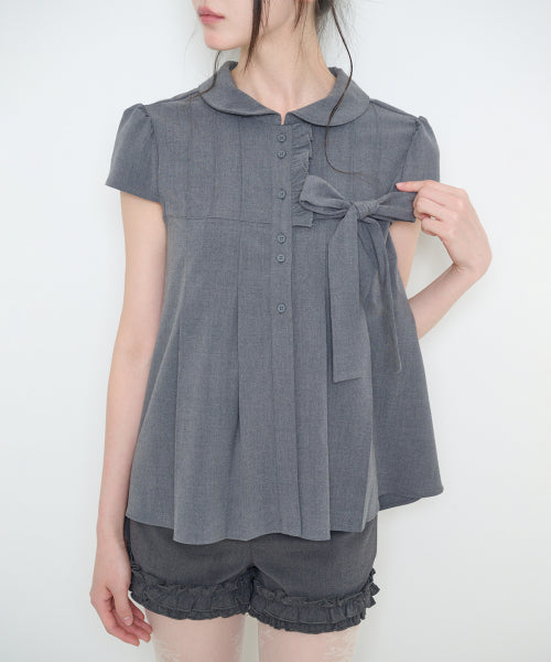 RIBBON PLEATS SHORT SLEEVE BLOUSE GREY - 3 COLORS GREY